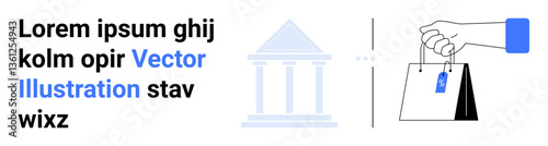 Hand holding shopping bags with blue tag, government building silhouette, and placeholder text. Ideal for e-commerce, shopping, law, retail, commerce, services simple landing page