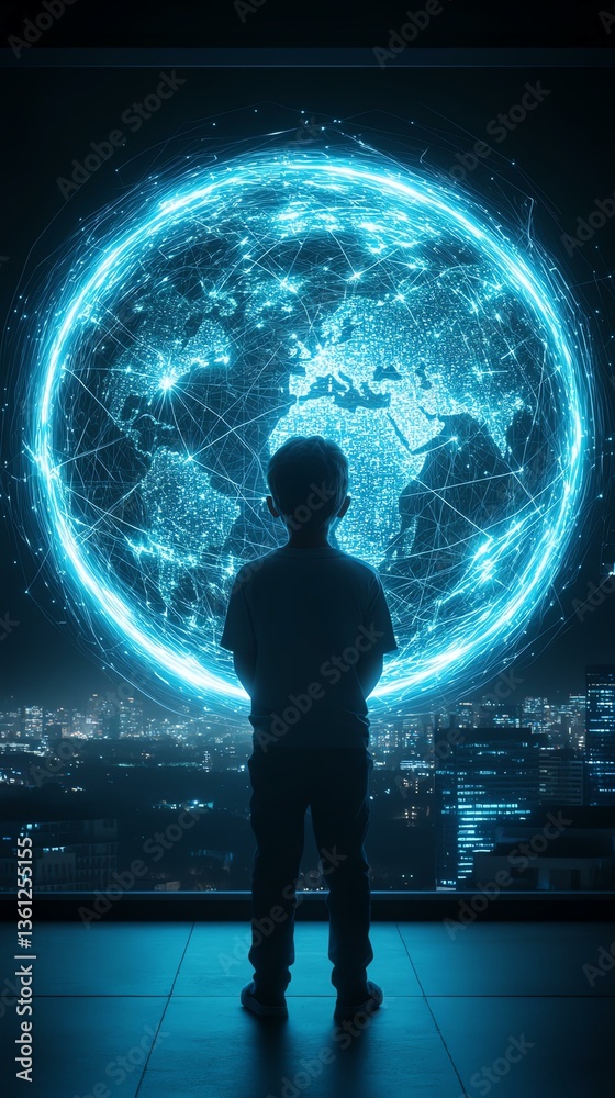 Obraz premium Milestone Courage Dream Big. Child gazing at digital world projection.