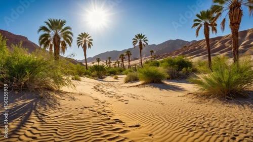 Fototapeta Naklejka Na Ścianę i Meble -  Breathtaking Desert Landscape with Palm Trees and Dunes Under Bright Sunlight