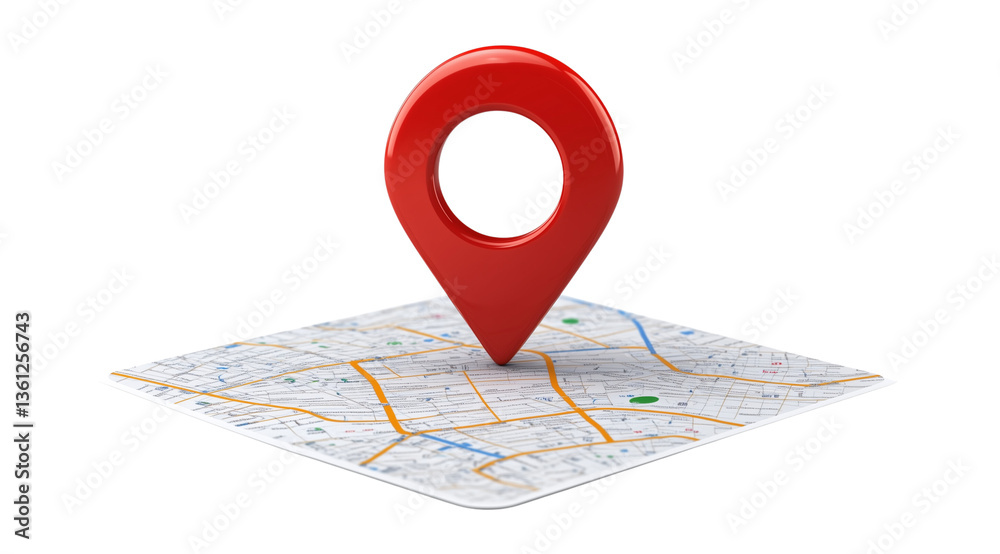 Fototapeta premium A vibrant red location pin marks a notable spot on a detailed urban map, indicating a precise location, isolated on white, PNG
