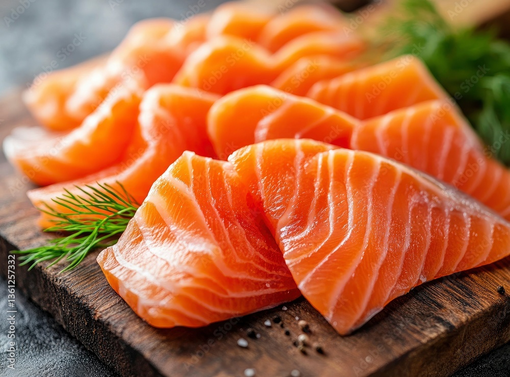 Fresh Salmon Slices Arranged on Rustic Wooden Board with Dill Fresh Salmon Slices Arranged on Rustic Wooden Board with Dill