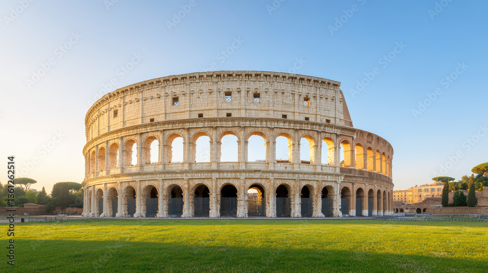 Fototapeta premium stunning Roman amphitheater stands majestically clear sky, showcasing its ancient architecture