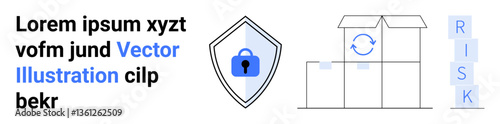 Shield with lock for security, stacked boxes with return icon, and RISK text. Ideal for logistics, online security, shipping, risk assessment, secure processing, e-commerce flat landing page banner