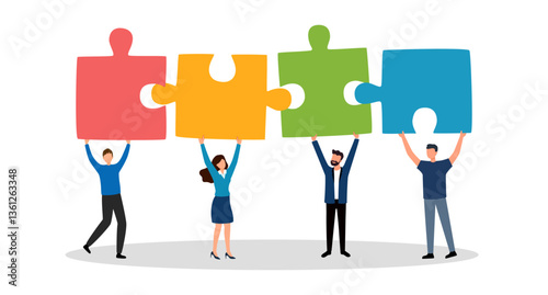 Team building. Businesspeople connecting jigsaw puzzle elements vector illustration in flat design. Symbol of teamwork, cooperation, partnership.