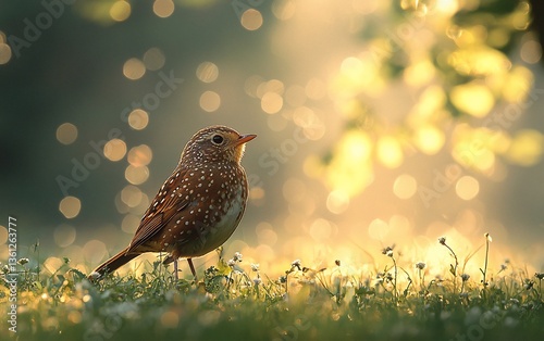 Morning Bird in Meadow, Golden Light, Soft Focus