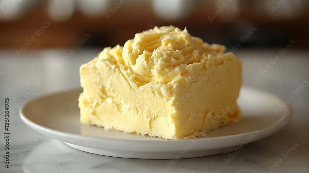 A block of fresh yellow butter sits upon a small white plate A block of fresh yellow butter sits upon a small white plate