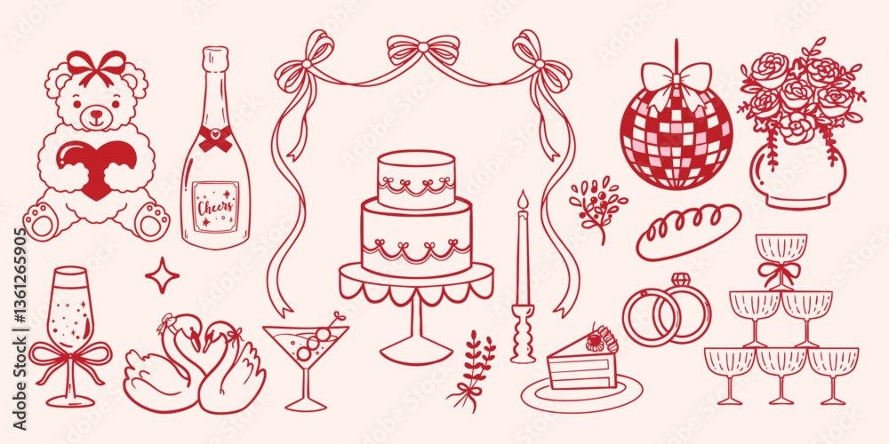 Cute coquette ribbon sweet beverage wedding hand drawn element