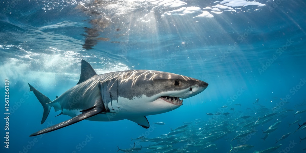 Fototapeta premium Great white and blue sharks swimming in the ocean near coral reefs AI Generative