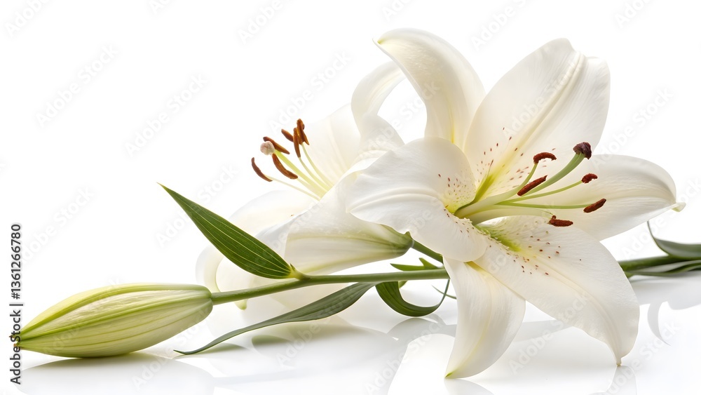 Fototapeta premium Elegant White Lily with Open Petals, Isolated on a White Background, representing purity, peace, and elegance, Professional Flower Photography