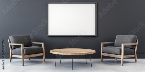 Two gray armchairs flank a round table under a framed art