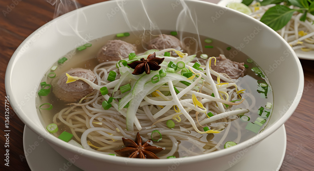 Delicious Steaming Noodle Soup With Meatballs Delicious Steaming Noodle Soup With Meatballs