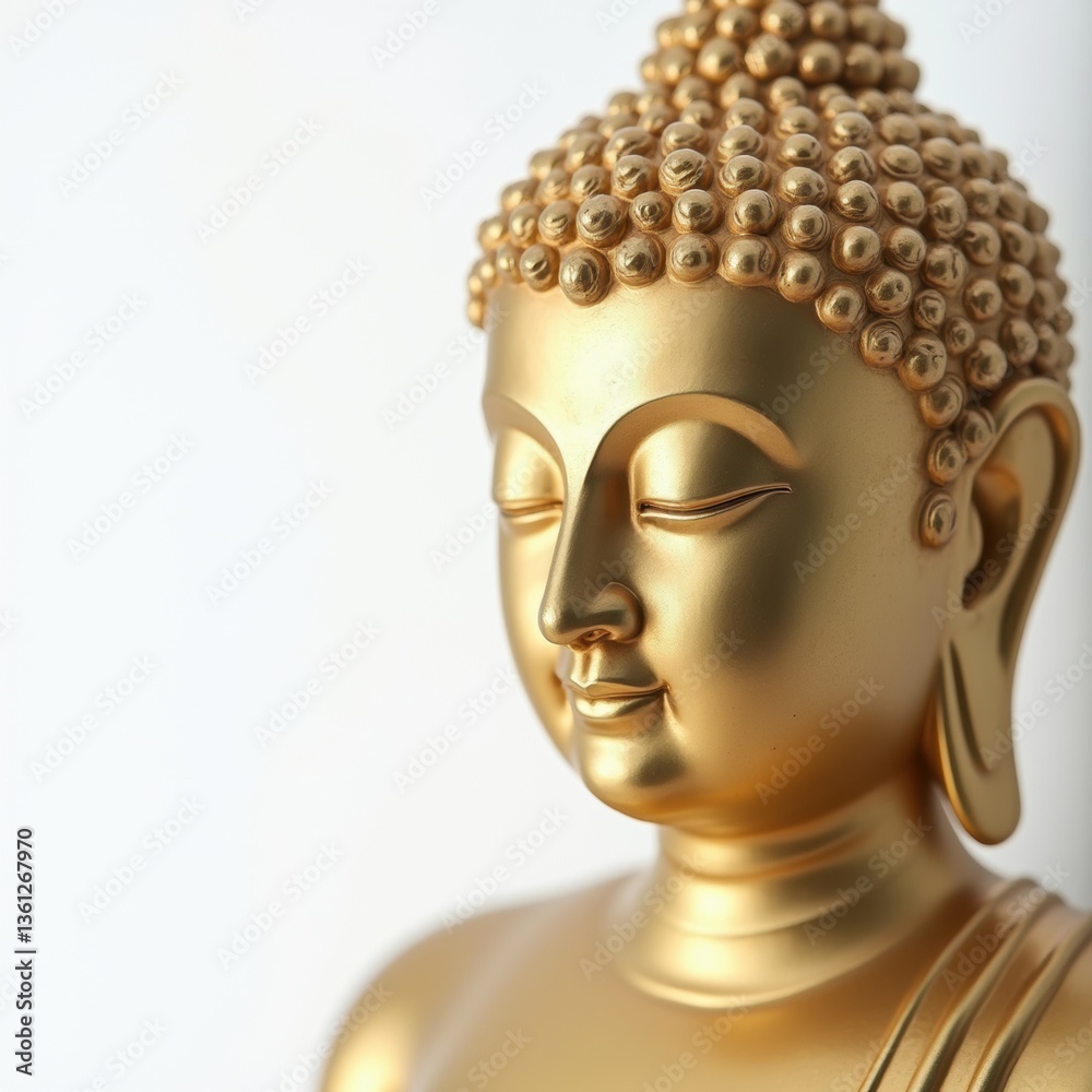 Close-up of a golden Buddha statue against a white background, crafted in a serene minimalist style for meditation. Close-up of a golden Buddha statue against a white background, crafted in a serene minimalist style for meditation.