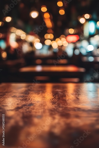 A wooden table reflects ambient lighting in a restaurant setting