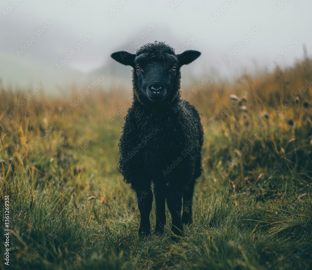 Black Lamb Standing in Grassy Field on Misty Overcast Day Black Lamb Standing in Grassy Field on Misty Overcast Day