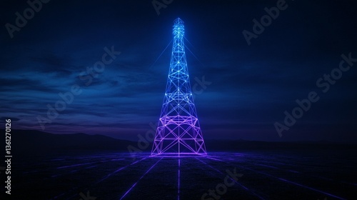 Futuristic communication tower at night, glowing with purple and blue light against a dark sky and mountain landscape.
