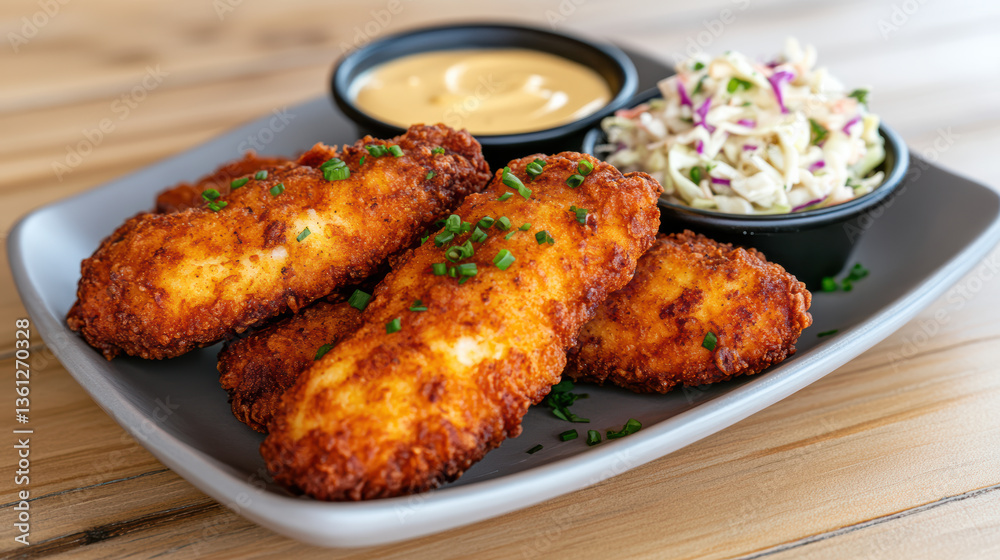 Crispy fried chicken tenders served with coleslaw and dipping sauce, perfect for delicious meal Crispy fried chicken tenders served with coleslaw and dipping sauce, perfect for delicious meal