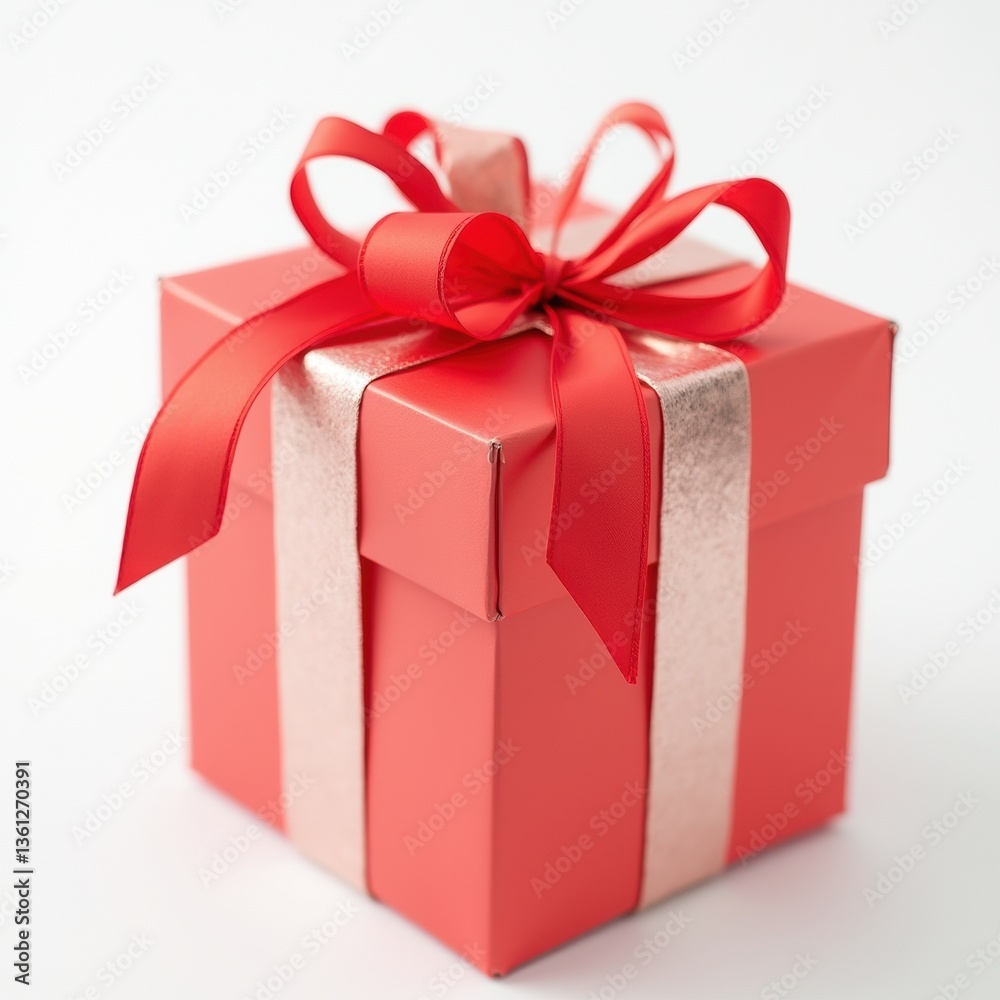 Obraz premium Close-up of a surprise gift wrapped with a red ribbon against a white background, featuring vibrant festive colors.
