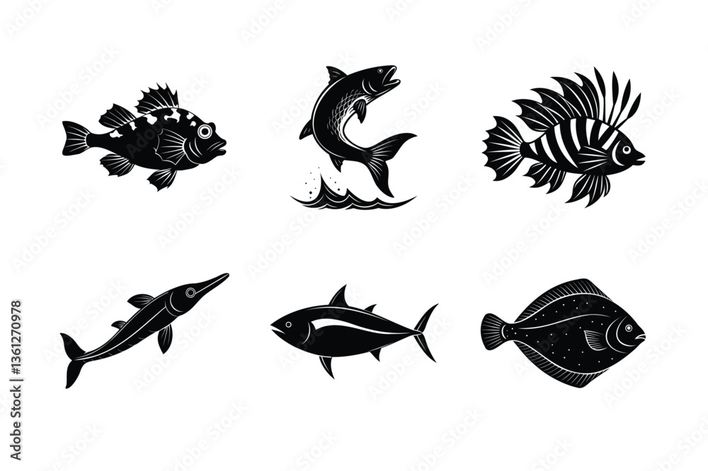 Obraz premium Set of marine fish silhouette vector illustration