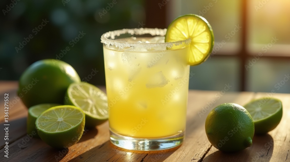 Fototapeta premium Classic lime margarita glass on a rustic table surrounded by whole and sliced limes, warm natural light, ideal for summer or drink-related visuals.