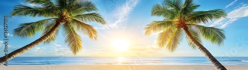 Two palm trees stand tall over a beautiful sunny beach scene