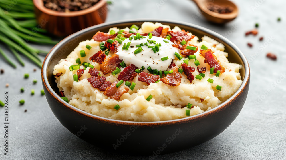 Creamy mashed potatoes topped with crispy bacon and fresh chives create delicious comfort dish Creamy mashed potatoes topped with crispy bacon and fresh chives create delicious comfort dish