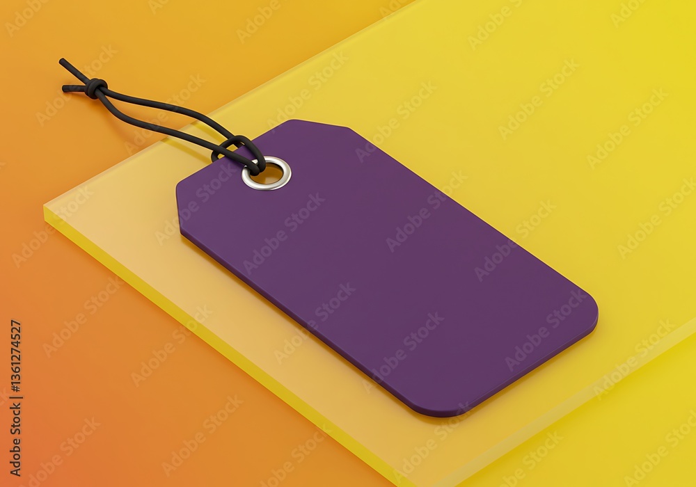 Fototapeta premium Purple Tag on Yellow Surface Simple Price Mockup Presentation