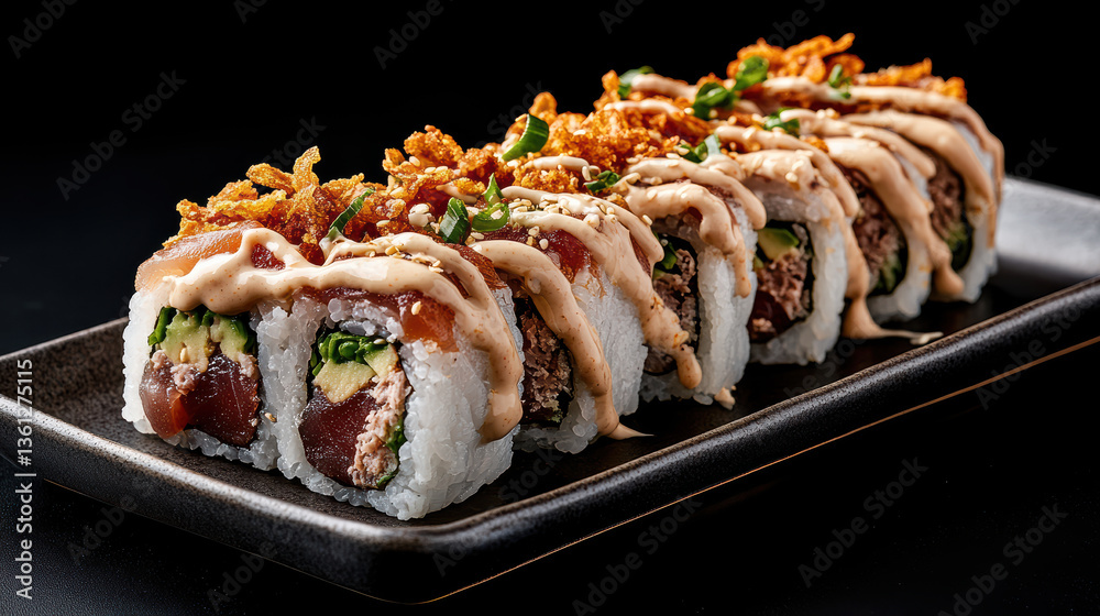 Delicious sushi rolls filled with spicy tuna, topped with crispy onions and drizzled with sauce Delicious sushi rolls filled with spicy tuna, topped with crispy onions and drizzled with sauce