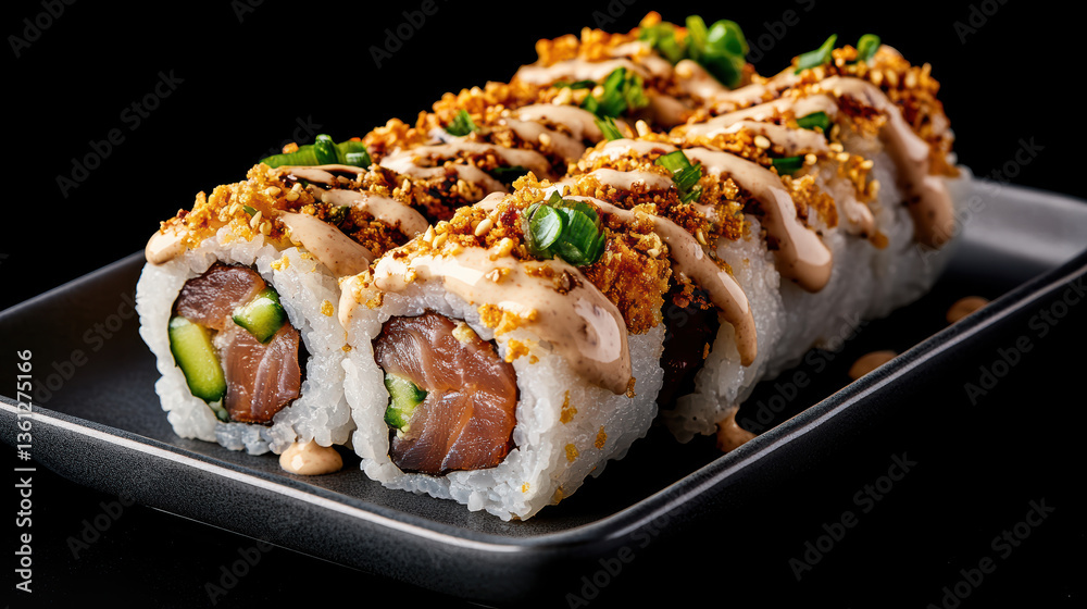 Delicious sushi rolls filled with spicy tuna, topped with crispy bits and drizzled sauce Delicious sushi rolls filled with spicy tuna, topped with crispy bits and drizzled sauce