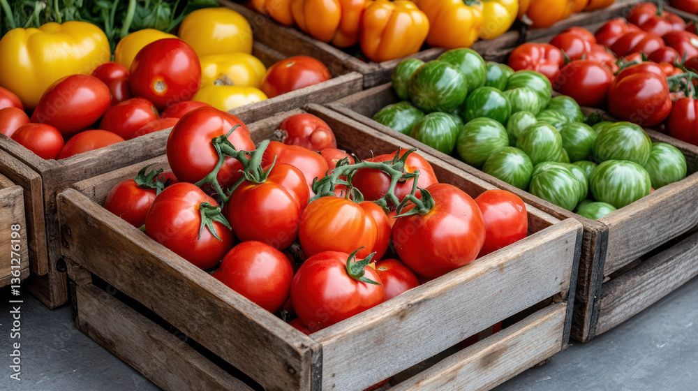 Φωτογραφία Fresh tomatoes in wooden crates at vibrant market, showcasing colorful produce