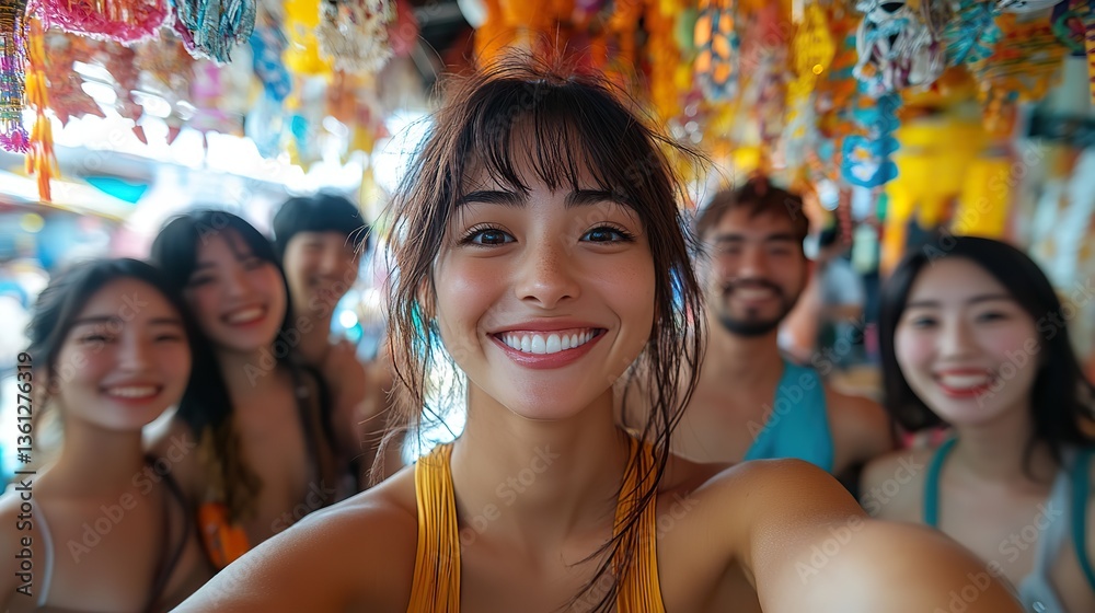 Friends taking a joyful group selfie under colorful Tanabata decorations at a summer festival in Japan, celebrating Star Festival traditions Friends taking a joyful group selfie under colorful Tanabata decorations at a summer festival in Japan, celebrating Star Festival traditions