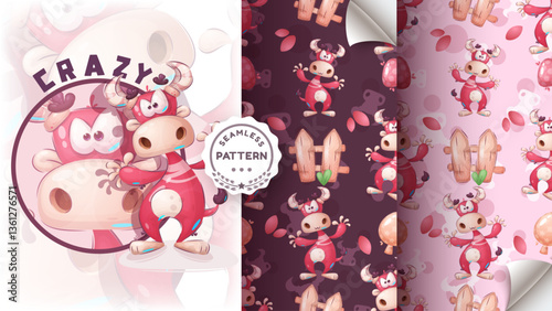 Cartoon character pretty animal cow dino - seamless pattern