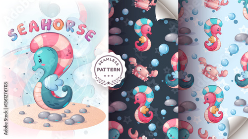 Cartoon character adorable cartoon character seahorse - seamless pattern