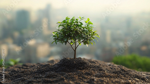 A small tree grows on rocky terrain with a blurred city skyline behind it.
