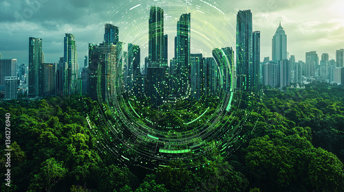 Urban skyline surrounded by lush greenery and a digital overlay effect.