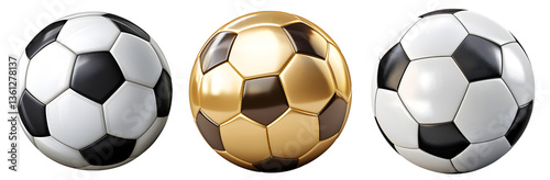 Collection of realistic soccer balls including gold and black and white footballs on transparent background	
