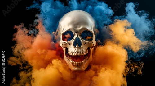 Silver Skull Emerging from Vibrant Color Smoke Clouds AI Generated