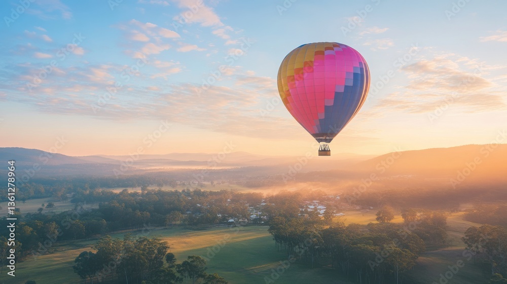 Fototapeta premium Colorful Hot Air Balloon Flying Over Scenic Landscape at Sunrise with Soft Light and Misty Horizon in the Background