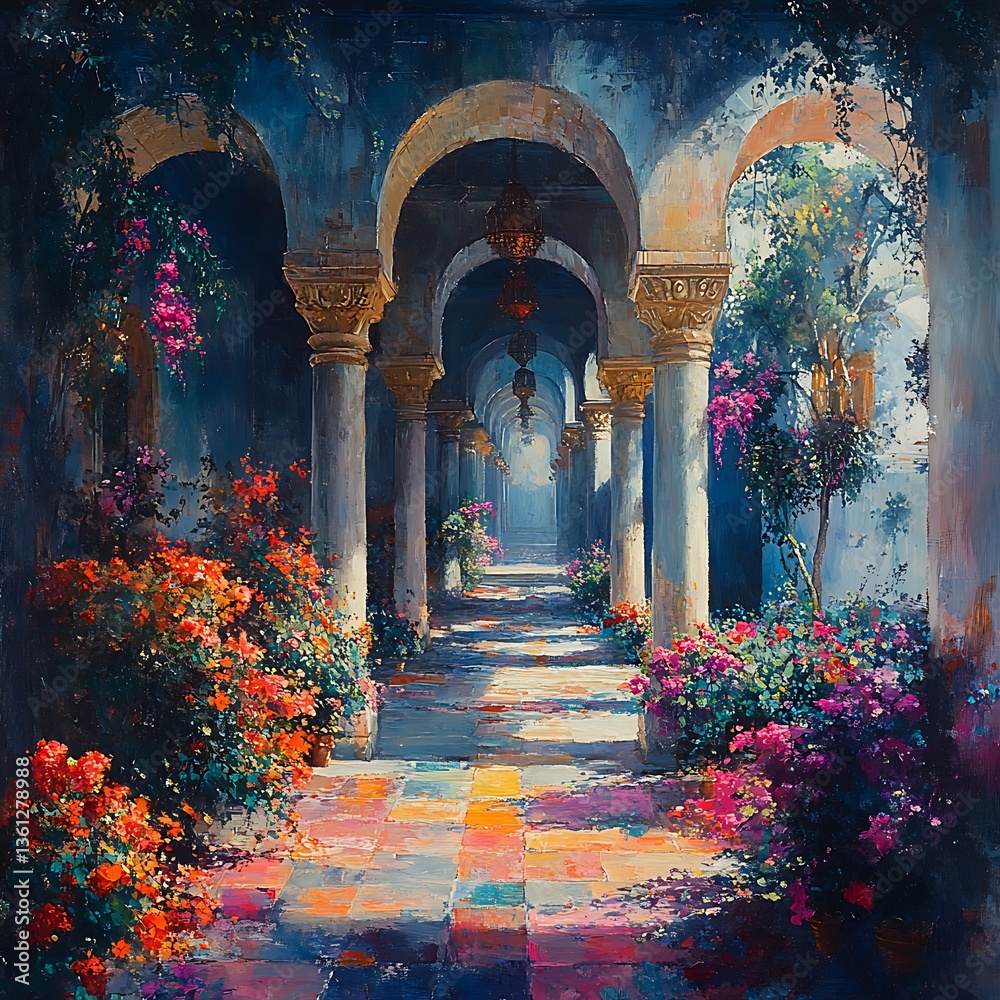 Fototapeta premium Vivid and Colorful Floral Pathway Through Classical Arched Columns in Garden Setting