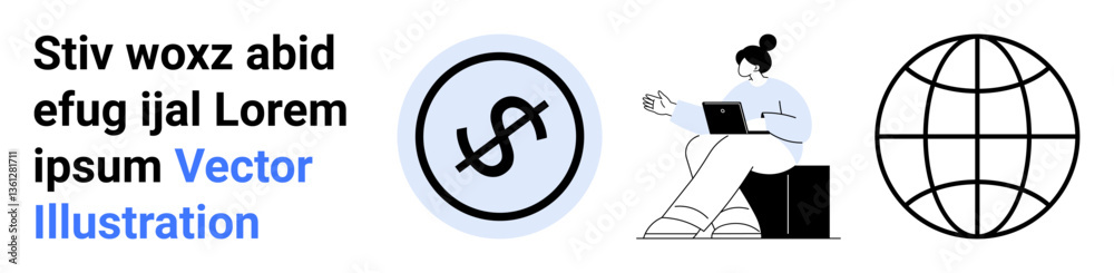 Freelancer using laptop, dollar sign in circle, globe grid symbol. Ideal for finance, remote work, global reach, technology, networking, freelancing and simple landing page Freelancer using laptop, dollar sign in circle, globe grid symbol. Ideal for finance, remote work, global reach, technology, networking, freelancing and simple landing page