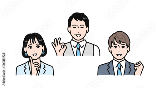 問題が解決して喜ぶ上司と部下のシンプルなベクターイラストセット