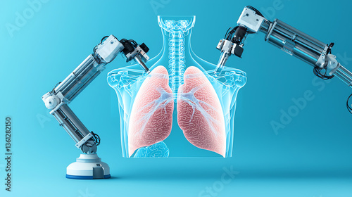 Robotic arms performing non invasive scan human lungs, showcasing advanced technology photo