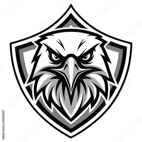Fierce Eagle Head Inside Shield. Monochromatic Illustration, Mascot, Sharp Eyes, Beak