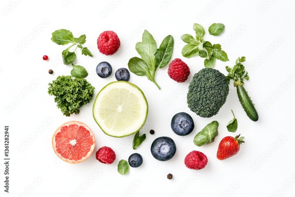 Naklejka premium captivating watercolor illustration showcasing assortment of seasonal fruits and vegetables arranged aesthetically