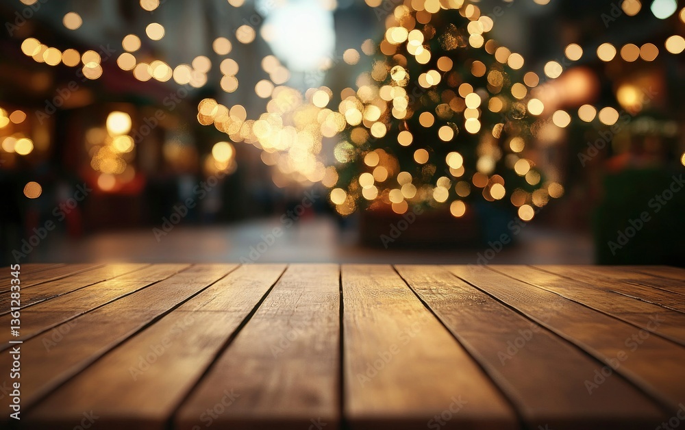 Wooden Table with Christmas Tree and Lights Holiday Background Scene Wooden Table with Christmas Tree and Lights Holiday Background Scene