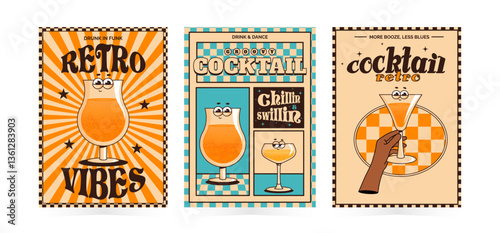 Groovy character cocktails. Set retro poster, flyer with alcoholic or nonalcoholic drinks. Vintage vector illustration 70s, 80s style for cafe, bar, pub