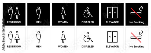 Restroom icon set. male and female toilet symbols. disabled icon. gender icon. restroom pictogram. Elevator and No smoking public sign. WC wayfinding signage	
