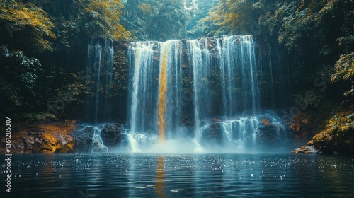 Water Cascade Falling Over Rocks Amidst Lush Green Forest Illuminated By Sunlight