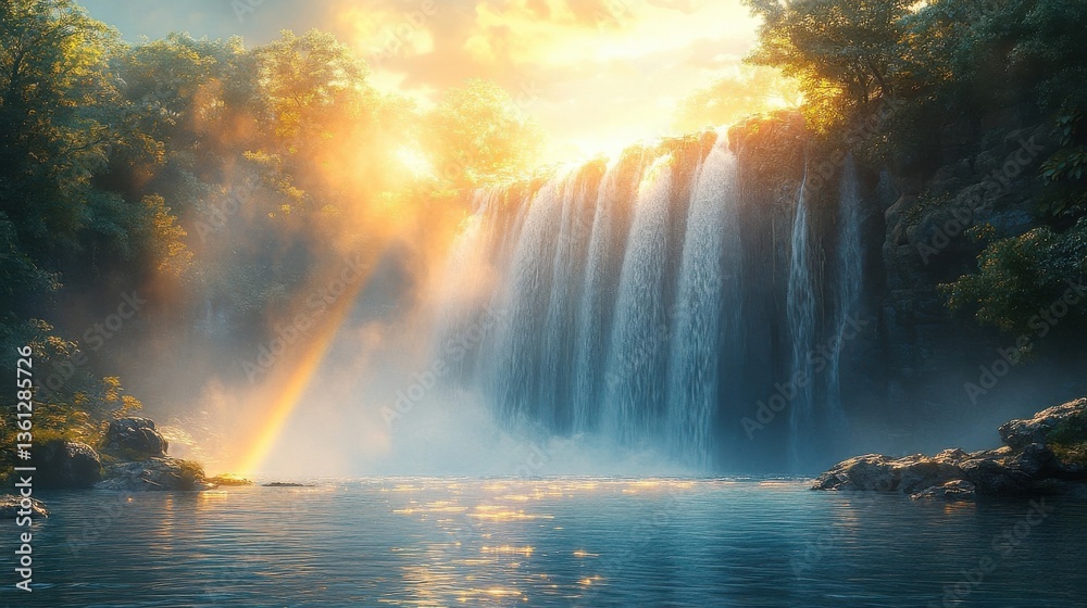 Luminous Waterfall Cascading into Tranquil Waters Beneath a Rainbow in Sunlit Forest Luminous Waterfall Cascading into Tranquil Waters Beneath a Rainbow in Sunlit Forest