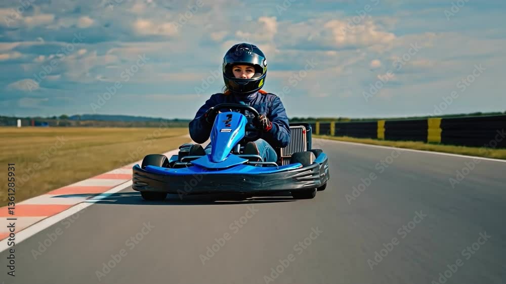 Speed and Precision: A focused driver navigates a go-kart on a race track, embodying the thrill of speed and the precision of the sport. Capture the excitement of competitive racing.