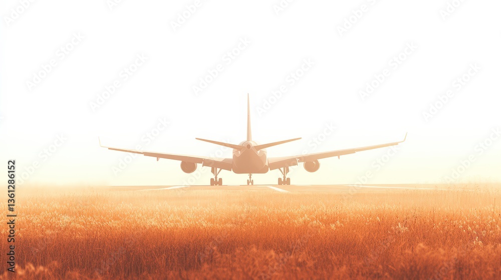 Airplane Departing on Runway in Pastel Background Airplane Departing on Runway in Pastel Background